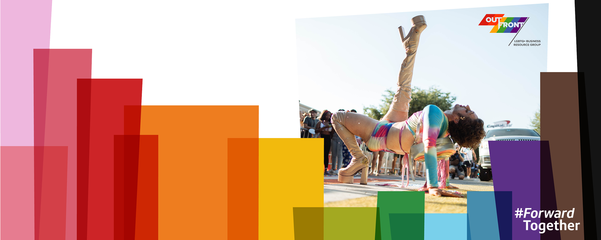 Colorful Pride month design treatment on an image of a Capital One associate showing off their dance moves in heels celebrating Pride month